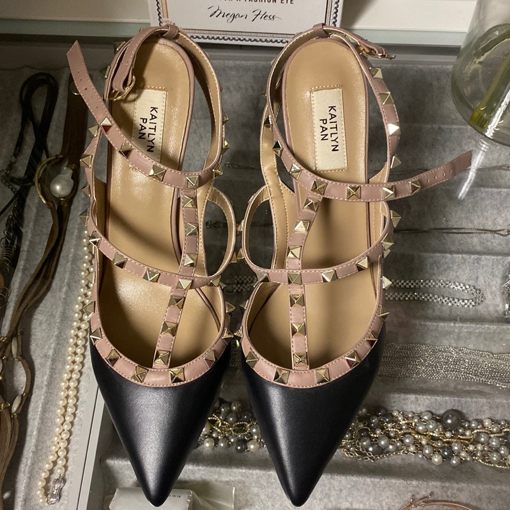 Kaitlyn Pan Black Rockstud Caged Heels